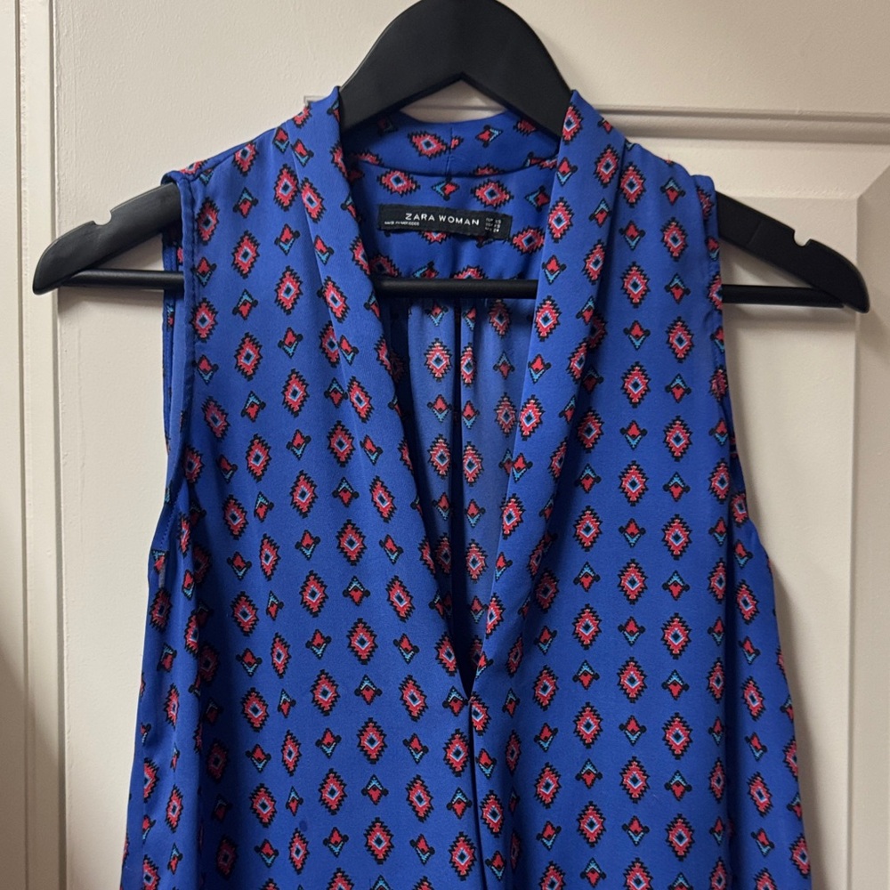 Zara Blue and Red Geometric Blouse